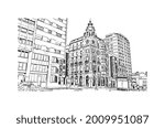 Building view with landmark of Gijon is a large coastal city in northern Spain. Hand drawn sketch illustration in vector.