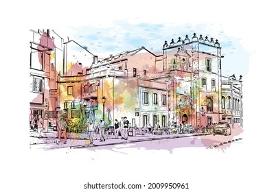 Building view with landmark of Gijon is a large coastal city in northern Spain. Watercolor splash with hand drawn sketch illustration in vector.