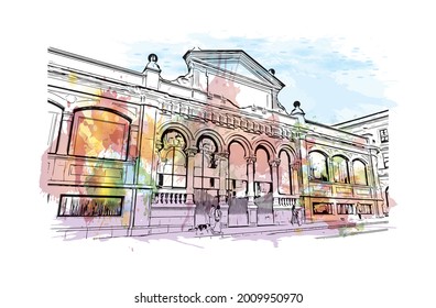 Der Blick auf das Gebäude mit Wahrzeichen von Gijon ist eine große Küstenstadt in Nordspanien. Aquarellspritzer mit handgezeichneter Skizzengrafik in Vektorgrafik.