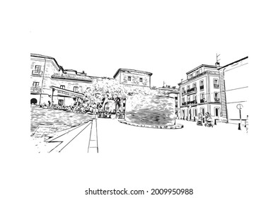 Building view with landmark of Gijon is a large coastal city in northern Spain. Hand drawn sketch illustration in vector.