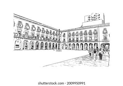 Building view with landmark of Gijon is a large coastal city in northern Spain. Hand drawn sketch illustration in vector.