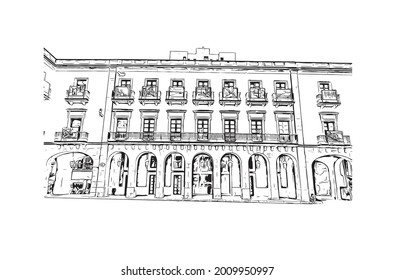 Building view with landmark of Gijon is a large coastal city in northern Spain. Hand drawn sketch illustration in vector.