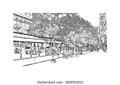 Building view with landmark of Gijon is a large coastal city in northern Spain. Hand drawn sketch illustration in vector.