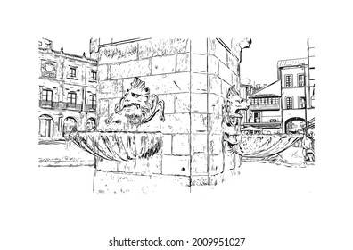 Building view with landmark of Gijon is a large coastal city in northern Spain. Hand drawn sketch illustration in vector.