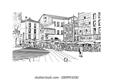 Building view with landmark of Gijon is a large coastal city in northern Spain. Hand drawn sketch illustration in vector.