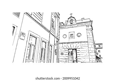 Building view with landmark of Gijon is a large coastal city in northern Spain. Hand drawn sketch illustration in vector.