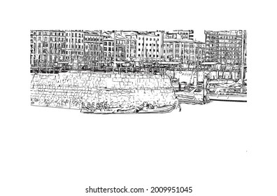 Der Blick auf das Gebäude mit Wahrzeichen von Gijon ist eine große Küstenstadt in Nordspanien. Handgezeichnete Skizzengrafik in Vektorgrafik.