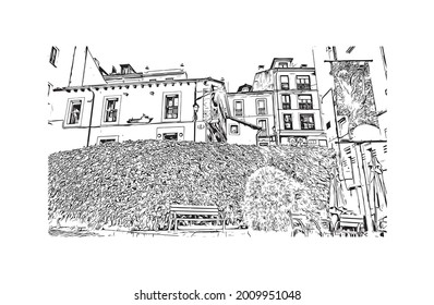 Building view with landmark of Gijon is a large coastal city in northern Spain. Hand drawn sketch illustration in vector.