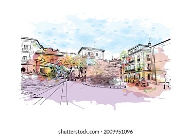 Building view with landmark of Gijon is a large coastal city in northern Spain. Watercolor splash with hand drawn sketch illustration in vector.