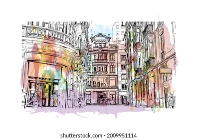 Building view with landmark of Gijon is a large coastal city in northern Spain. Watercolor splash with hand drawn sketch illustration in vector.