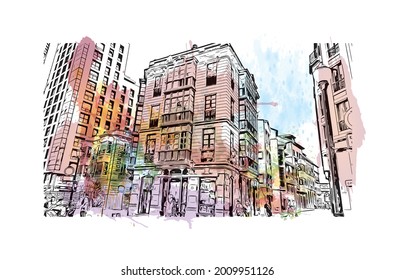 Building view with landmark of Gijon is a large coastal city in northern Spain. Watercolor splash with hand drawn sketch illustration in vector.