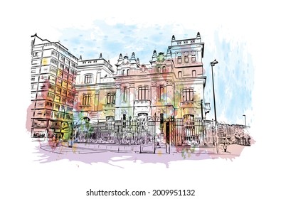 Building view with landmark of Gijon is a large coastal city in northern Spain. Watercolor splash with hand drawn sketch illustration in vector.