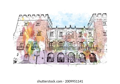 Building view with landmark of Gijon is a large coastal city in northern Spain. Watercolor splash with hand drawn sketch illustration in vector.