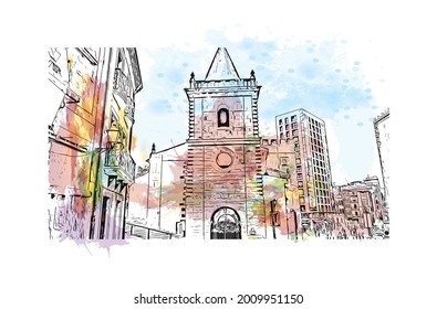 Building view with landmark of Gijon is a large coastal city in northern Spain. Watercolor splash with hand drawn sketch illustration in vector.