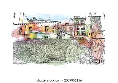 Construir vistas a Gijon es una gran ciudad costera en el norte de España. Salto de color de agua con ilustración de esbozo dibujada a mano en vector.