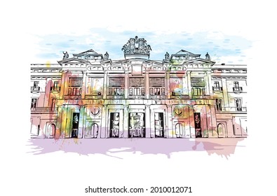 Building view with landmark of Gijon is a large coastal city in northern Spain. Watercolor splash with hand drawn sketch illustration in vector.