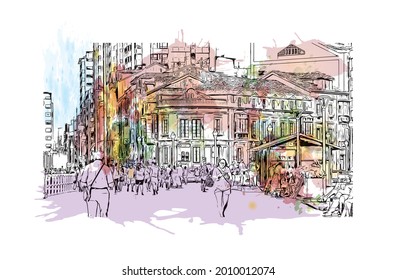 Building view with landmark of Gijon is a large coastal city in northern Spain. Watercolor splash with hand drawn sketch illustration in vector.