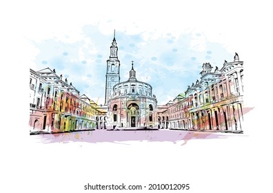 Building view with landmark of Gijon is a large coastal city in northern Spain. Watercolor splash with hand drawn sketch illustration in vector.