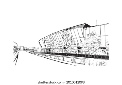 Building view with landmark of Gijon is a large coastal city in northern Spain. Hand drawn sketch illustration in vector.