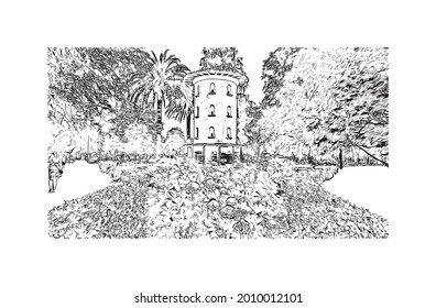 Building view with landmark of Gijon is a large coastal city in northern Spain. Hand drawn sketch illustration in vector.