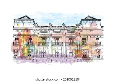 Building view with landmark of Gijon is a large coastal city in northern Spain. Watercolor splash with hand drawn sketch illustration in vector.