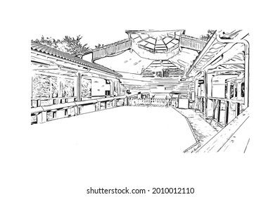 Building view with landmark of Gijon is a large coastal city in northern Spain. Hand drawn sketch illustration in vector.