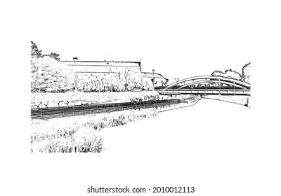 Construir vistas a Gijon es una gran ciudad costera en el norte de España. Dibujo a mano de ilustración de esbozo en vector.