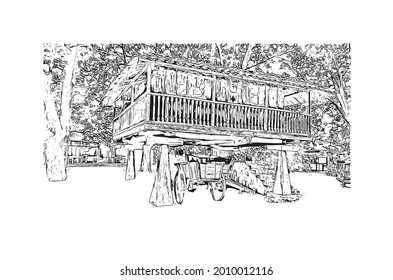 Building view with landmark of Gijon is a large coastal city in northern Spain. Hand drawn sketch illustration in vector.