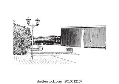 Construir vistas a Gijon es una gran ciudad costera en el norte de España. Dibujo a mano de ilustración de esbozo en vector.
