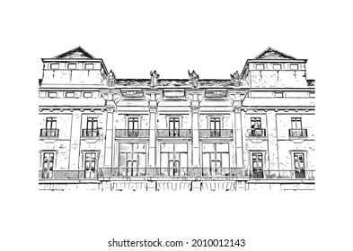 Building view with landmark of Gijon is a large coastal city in northern Spain. Hand drawn sketch illustration in vector.