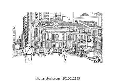 Building view with landmark of Gijon is a large coastal city in northern Spain. Hand drawn sketch illustration in vector.