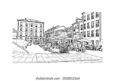 Construir vistas a Gijon es una gran ciudad costera en el norte de España. Dibujo a mano de ilustración de esbozo en vector.