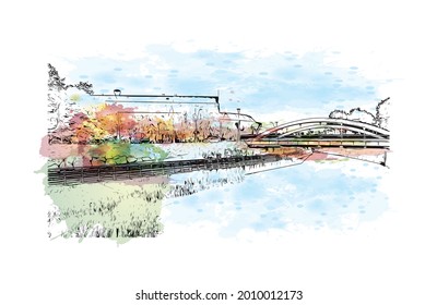 Building view with landmark of Gijon is a large coastal city in northern Spain. Watercolor splash with hand drawn sketch illustration in vector.