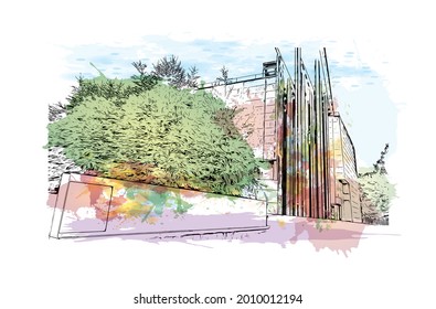 Building view with landmark of Gijon is a large coastal city in northern Spain. Watercolor splash with hand drawn sketch illustration in vector.