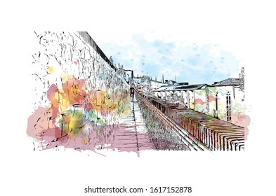 Building view with landmark of Girona is a city in Spain’s northeastern Catalonia region, beside the River Onyar. Watercolor splash with Hand drawn sketch illustration in vector.