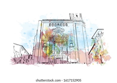 Building view with landmark of Girona is a city in Spain’s northeastern Catalonia region, beside the River Onyar. Watercolor splash with Hand drawn sketch illustration in vector.