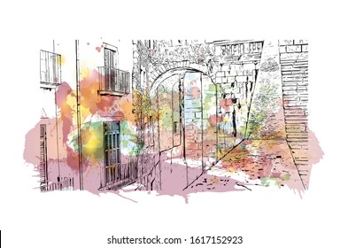 Building view with landmark of Girona is a city in Spain’s northeastern Catalonia region, beside the River Onyar. Watercolor splash with Hand drawn sketch illustration in vector.