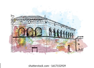 Building view with landmark of Girona is a city in Spain’s northeastern Catalonia region, beside the River Onyar. Watercolor splash with Hand drawn sketch illustration in vector.