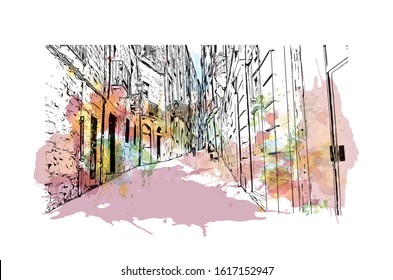 Building view with landmark of Girona is a city in Spain’s northeastern Catalonia region, beside the River Onyar. Watercolor splash with Hand drawn sketch illustration in vector.