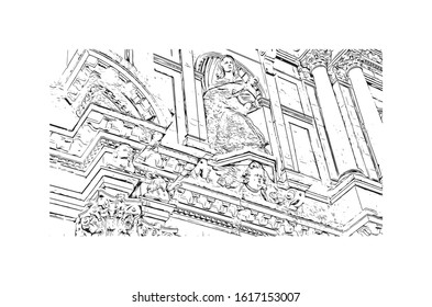 Building view with landmark of Girona is a city in Spain’s northeastern Catalonia region, beside the River Onyar. Hand drawn sketch illustration in vector.