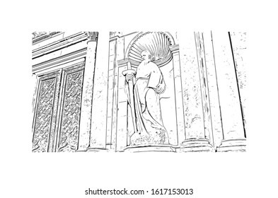 Building view with landmark of Girona is a city in Spain’s northeastern Catalonia region, beside the River Onyar. Hand drawn sketch illustration in vector.