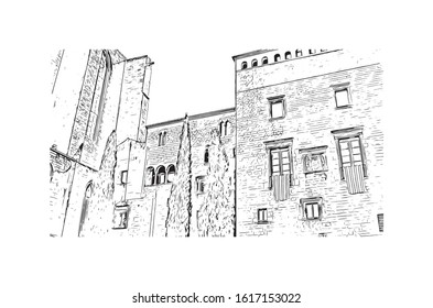 Building view with landmark of Girona is a city in Spain’s northeastern Catalonia region, beside the River Onyar. Hand drawn sketch illustration in vector.