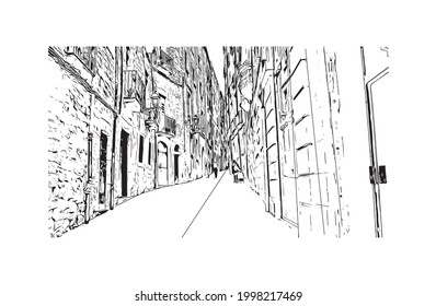 Construir vistas a los monumentos de Girona es una ciudad de España. Dibujo a mano de ilustración de esbozo en vector.