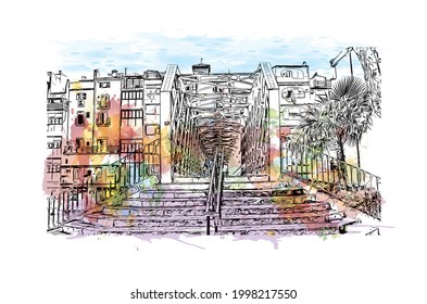 Building view with landmark of Girona is a city in Spain. Watercolor splash with hand drawn sketch illustration in vector.