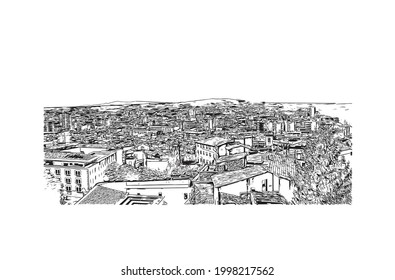 Building view with landmark of Girona is a city in Spain. Hand drawn sketch illustration in vector.