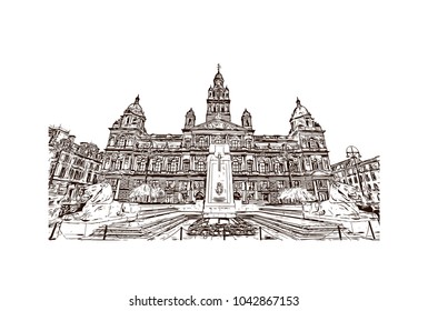 Building view and landmark of Glasgow City in Scotland. Glasgow is a port city on the River Clyde in Scotland's western Lowlands. Hand drawn sketch illustration in vector.
