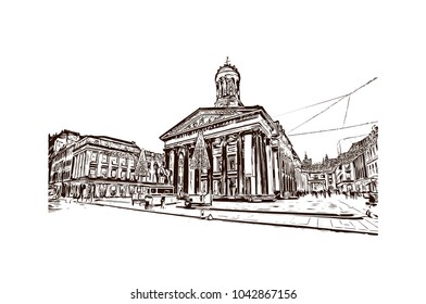 Building view and landmark of Glasgow City in Scotland. Glasgow is a port city on the River Clyde in Scotland's western Lowlands. Hand drawn sketch illustration in vector.