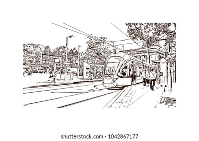 Building view and landmark of Glasgow City in Scotland. Glasgow is a port city on the River Clyde in Scotland's western Lowlands. Hand drawn sketch illustration in vector.