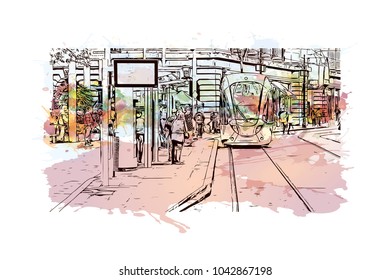 Building view and landmark of Glasgow City in Scotland. Glasgow is a port city on the River Clyde in Scotland's western Lowlands. Watercolor splash with Hand drawn sketch illustration in vector.