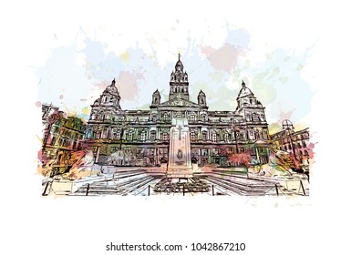 Building view and landmark of Glasgow City in Scotland. Glasgow is a port city on the River Clyde in Scotland's western Lowlands. Watercolor splash with Hand drawn sketch illustration in vector.